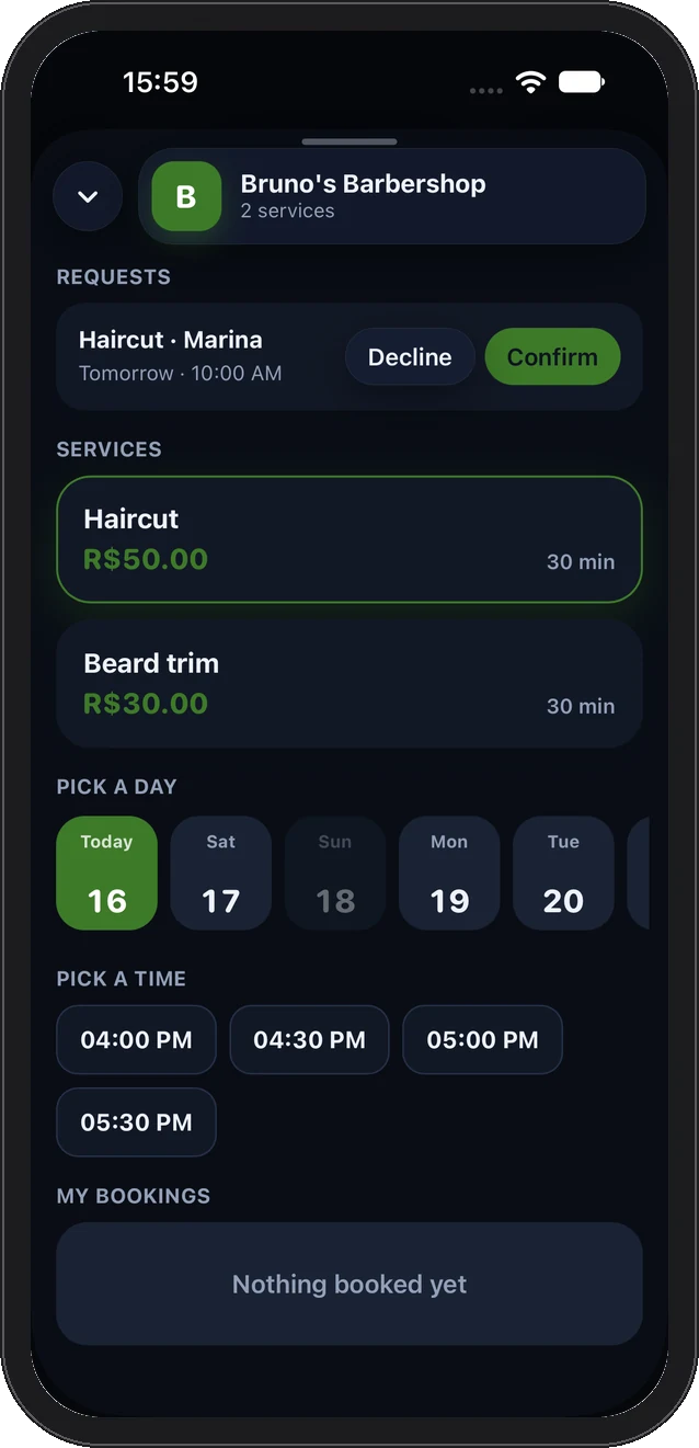 The same booking page in dark mode: services, days and free times