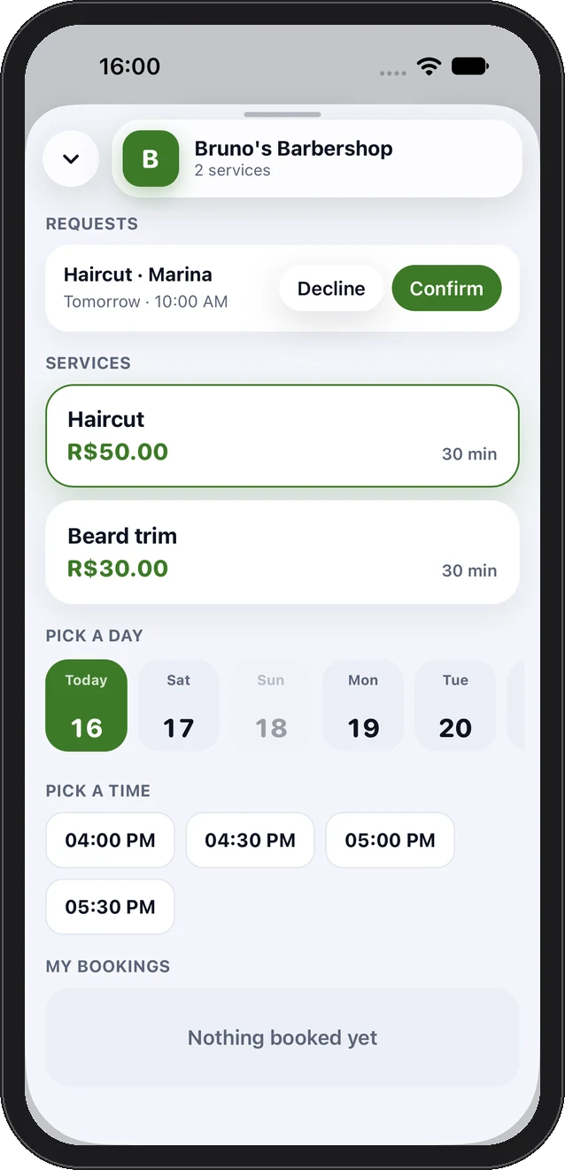Bruno's Barbershop booking page: Marina asks for a haircut tomorrow at 10, with Confirm and Decline