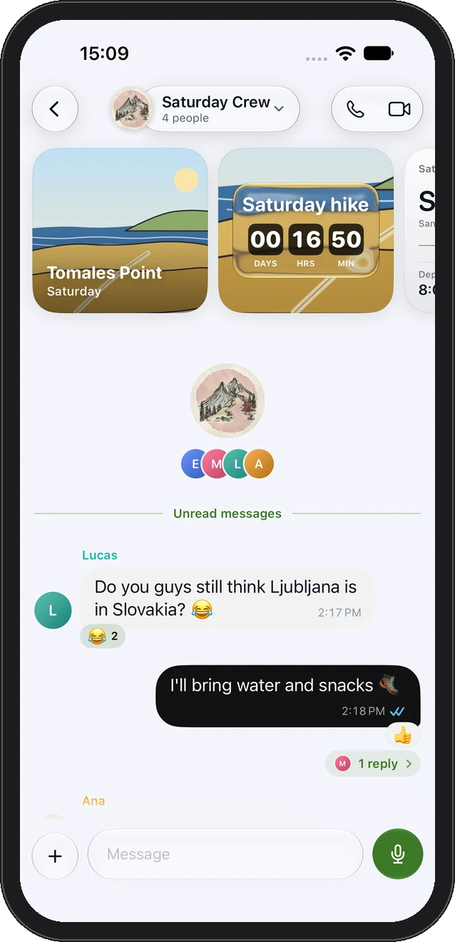 A group chat with a hike countdown pinned on top