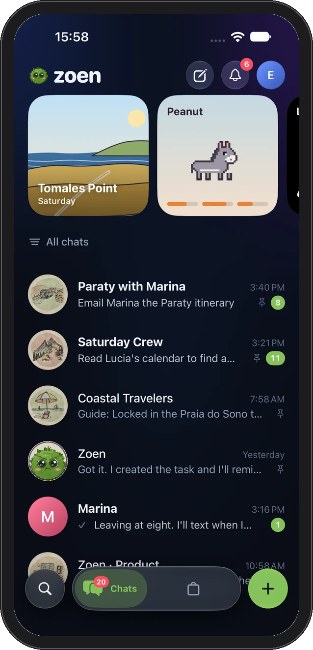 Zoen on iPhone: the Chats list with pinned plans and countdowns