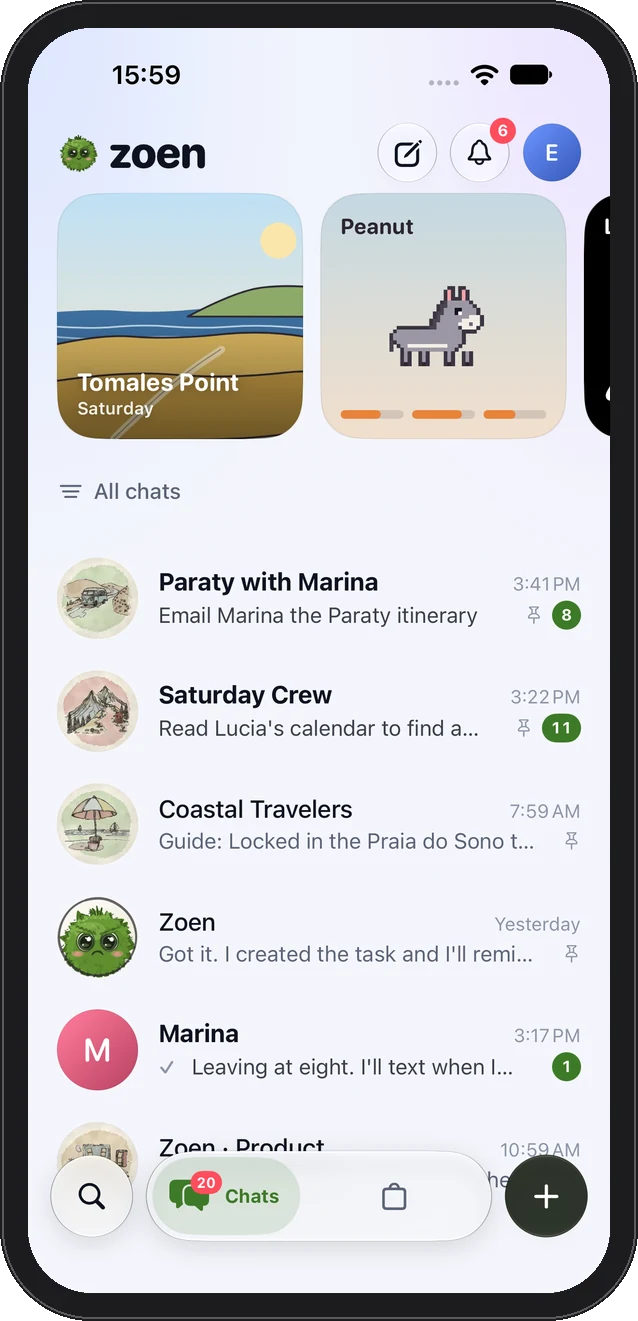 Zoen on iPhone: the Chats list with pinned plans and countdowns