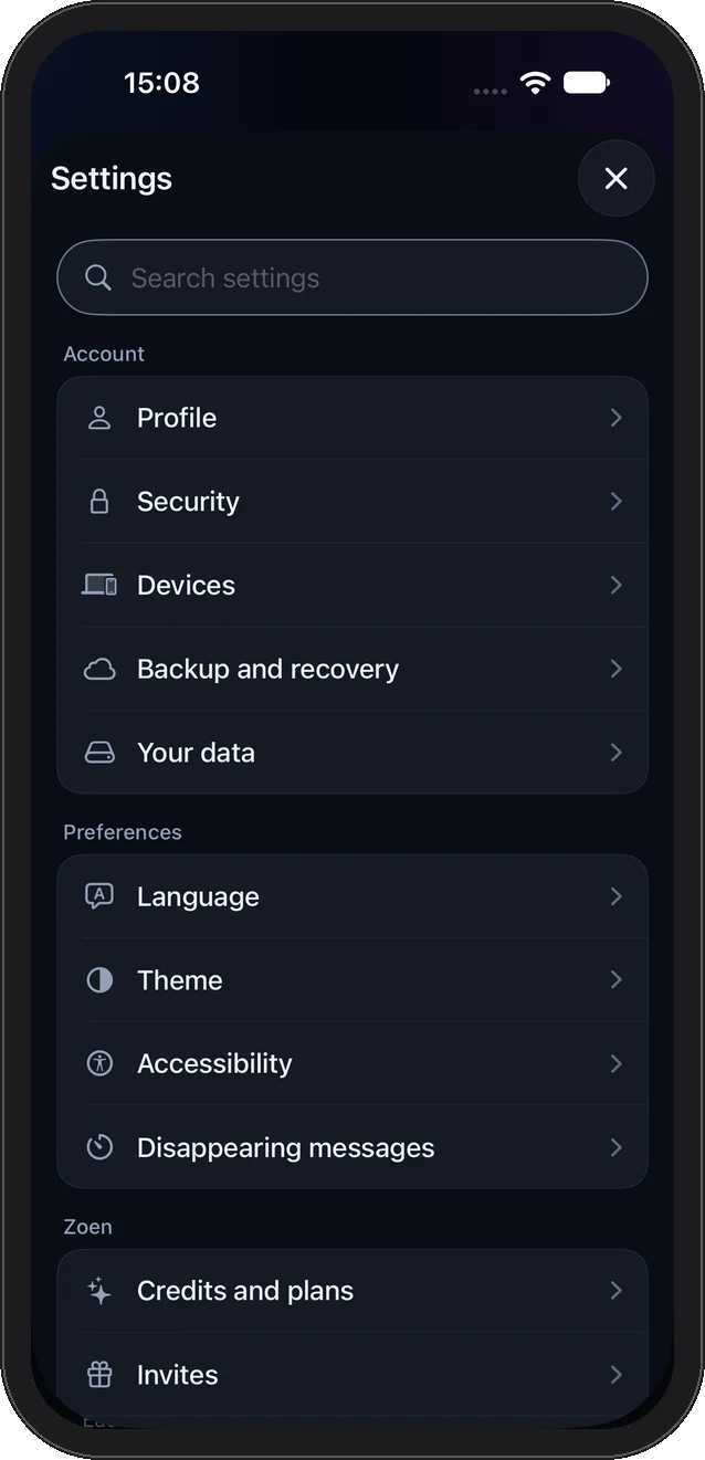 Settings in dark mode
